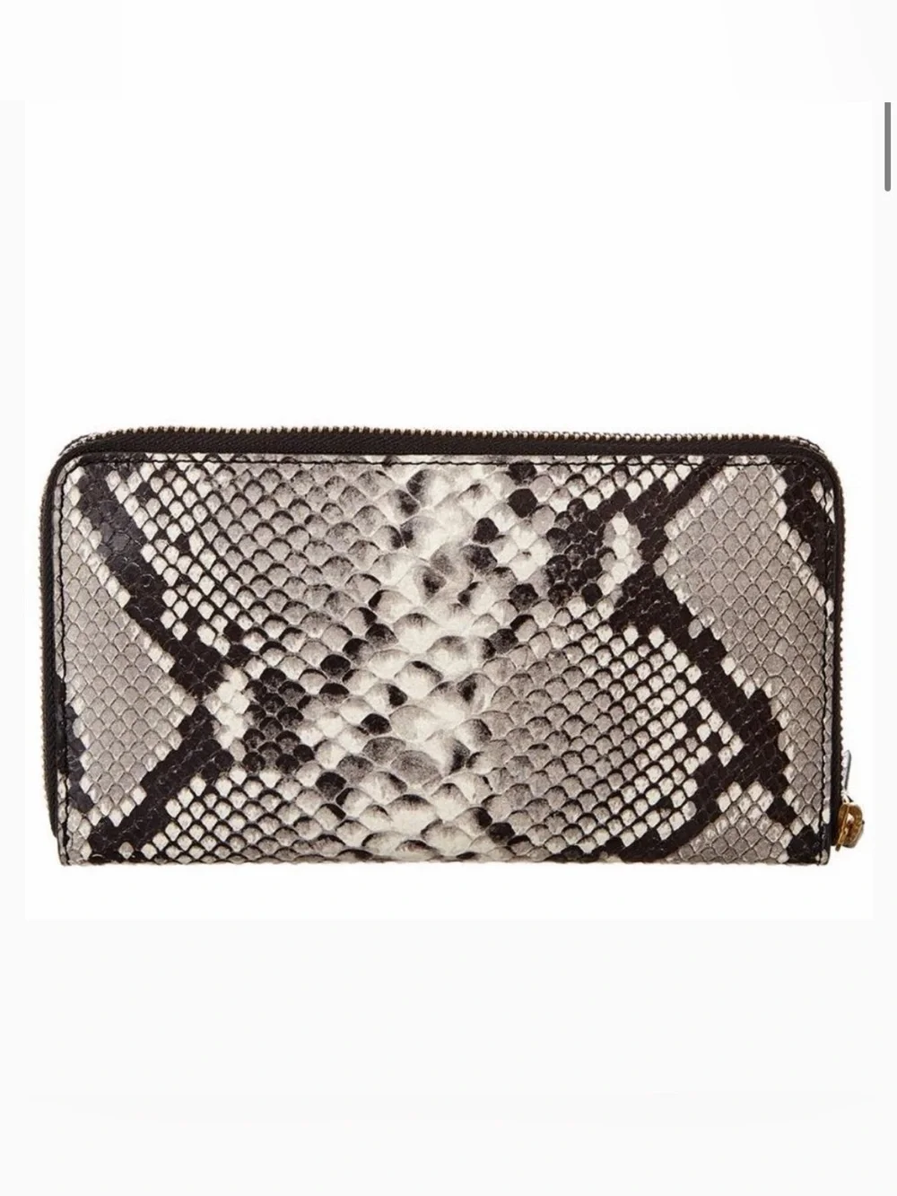 Tory Burch Britten Snake Embossed Leather Zip Wallet Black and White Gold Logo